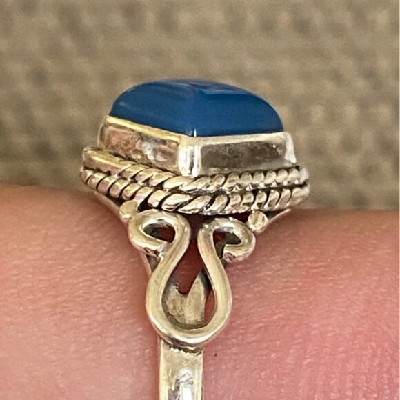 Ring Size 8 Blue Chalcedony Diamond Cabochon Smooth Sterling Silver 925 Women Se - Picture 4 of 8